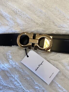 Salvatore Ferragamo Black Leather Belt with Gold Gancini Buckle